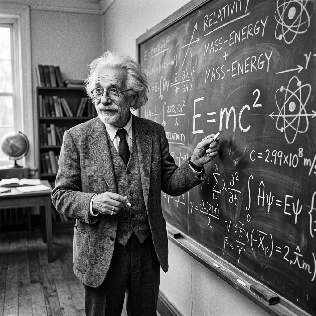 Albert Einstein standing at a chalkboard with relativity equations