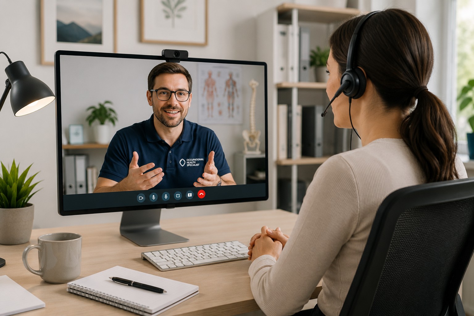 Virtual ergonomic assessment video call with an occupational health specialist